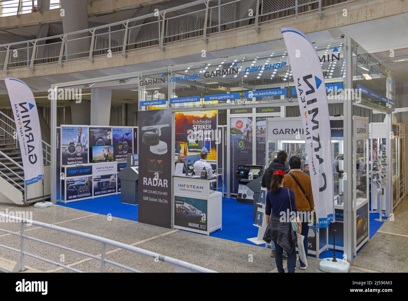 Belgrade, Serbia - April 07, 2022: Garmin Stand at Nautical Hunting Fishing Show Expo in Large Fairground Hall. Stock Photo