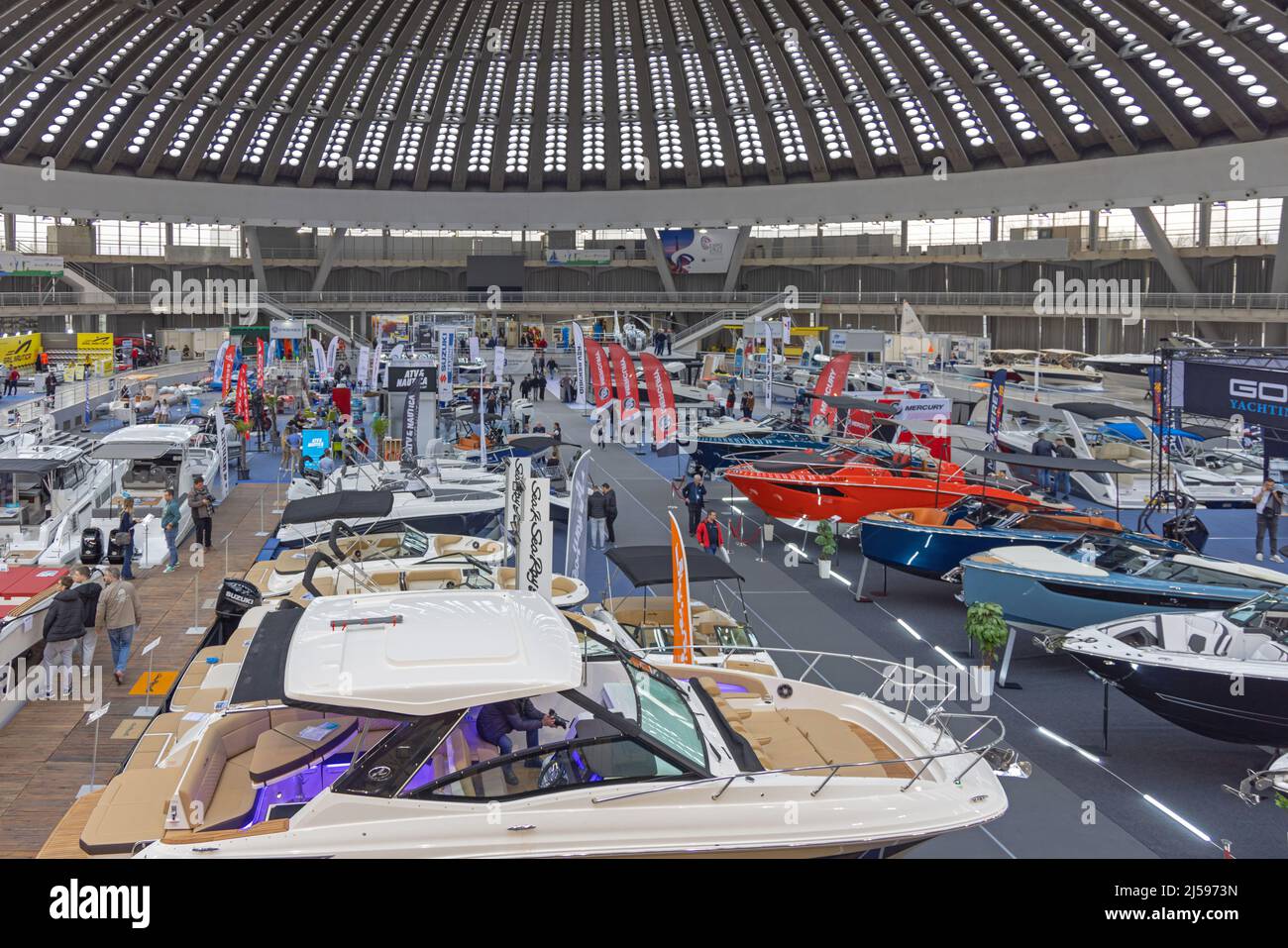 Belgrade, Serbia - April 07, 2022: Yachts and Boats at Nautical Hunting Fishing Show Expo in Large Fairground Hall. Stock Photo