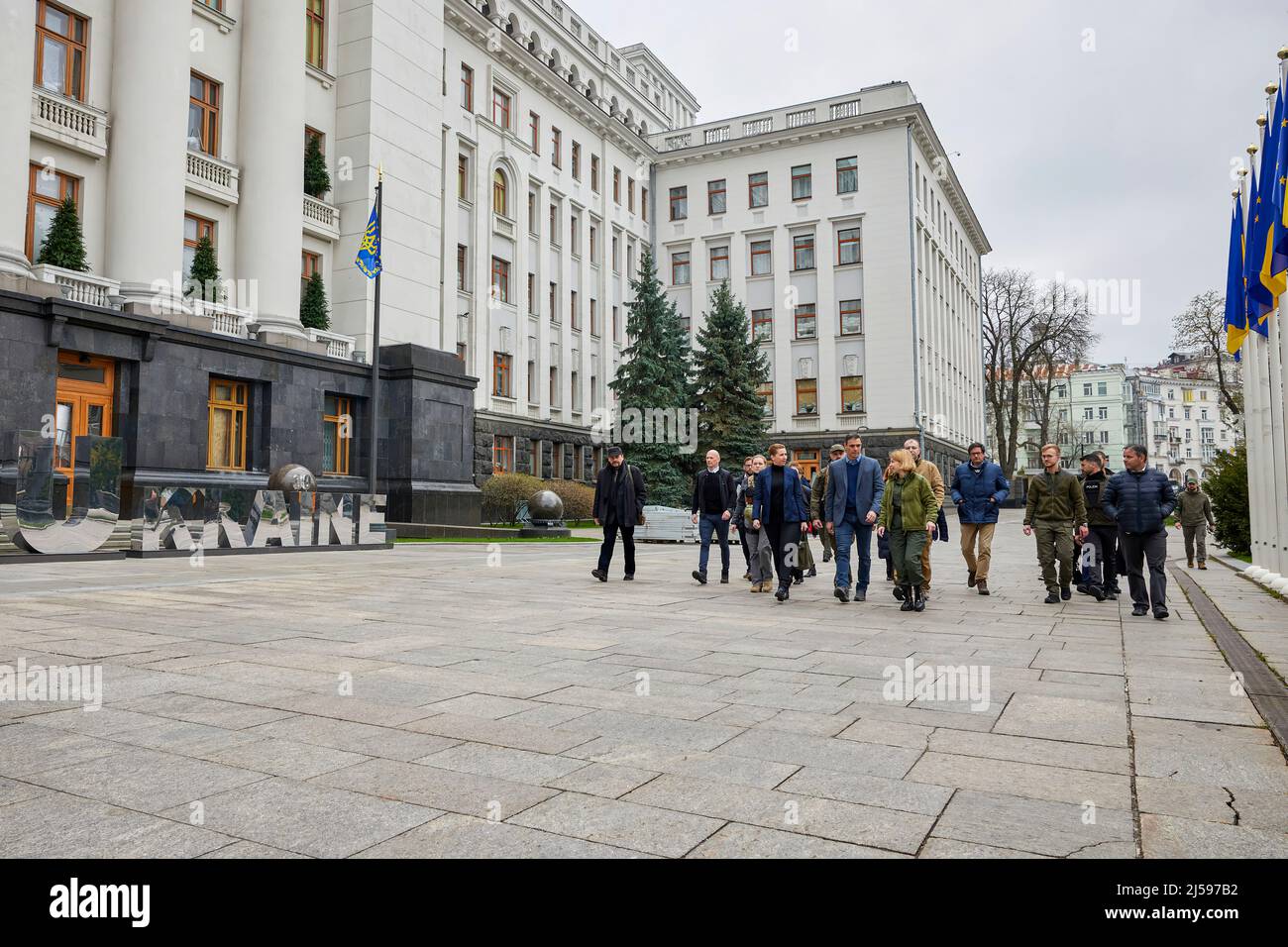 The President of Ukraine Volodymyr Zelenskyy met with Prime Minister of the Kingdom of Spain Pedro Sánchez and Prime Minister of the Kingdom of Denmark Mette Frederiksen who are visiting Kyiv. Volodymyr Zelenskyy discussed with the Prime Ministers of Denmark and Spain the issues of strengthening defense capabilities, rebuilding and supporting Ukraine's integration into the EU. PHOTO: Ukraine Presidential Press Office Stock Photo