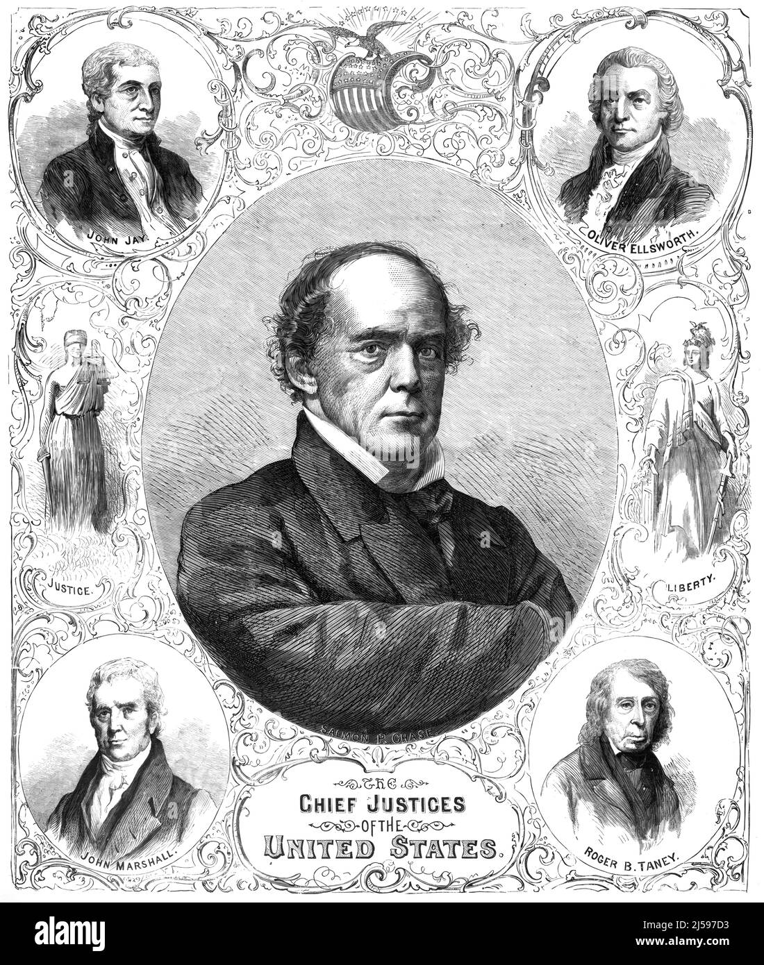 Portraits of the Chief Justices of the United States, Salmon Portland Chase, John Jay, Oliver Ellsworth, John Marshall. 19th century illustration Stock Photo