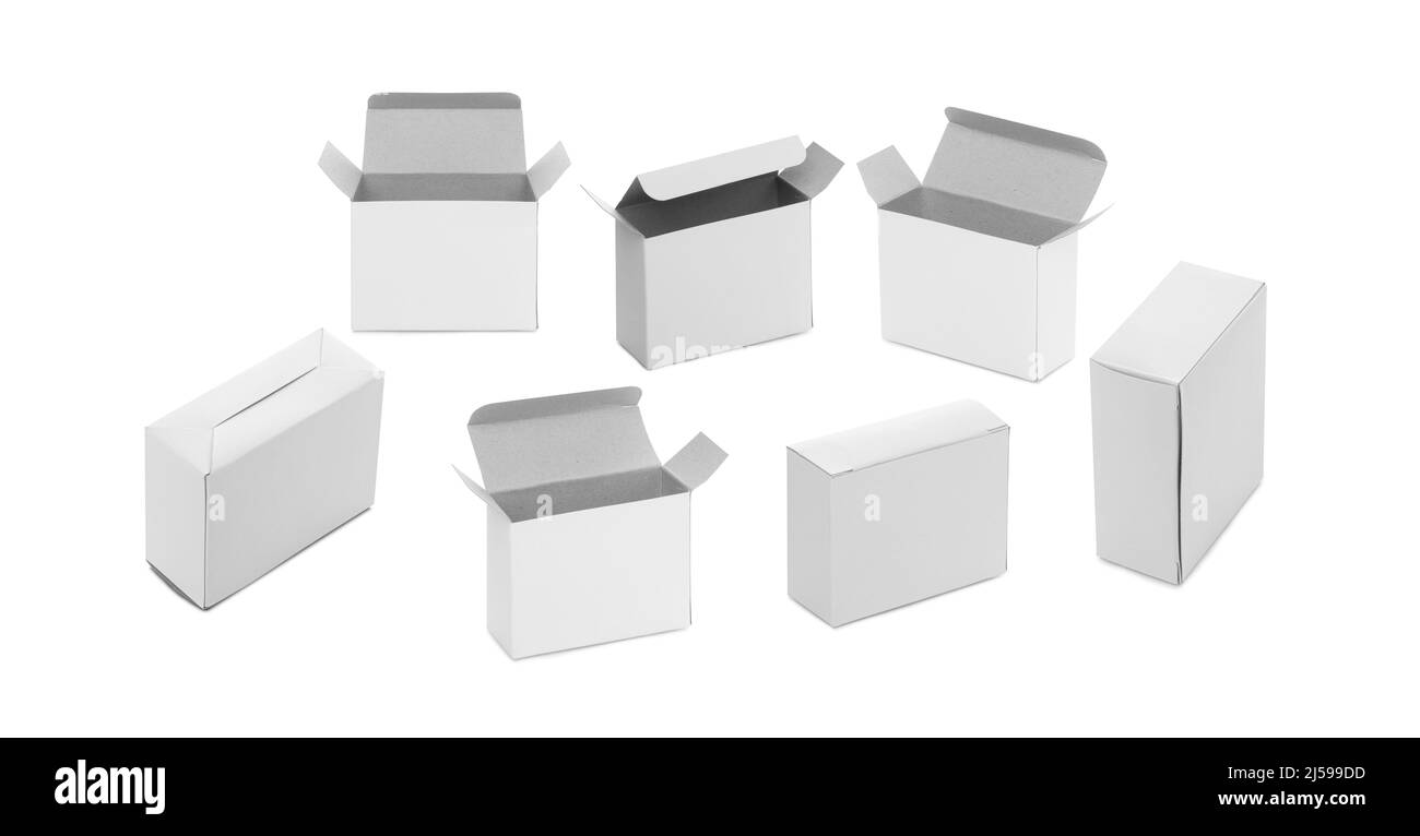 Set White carton boxes opened and closed isolated on white background Stock Photo