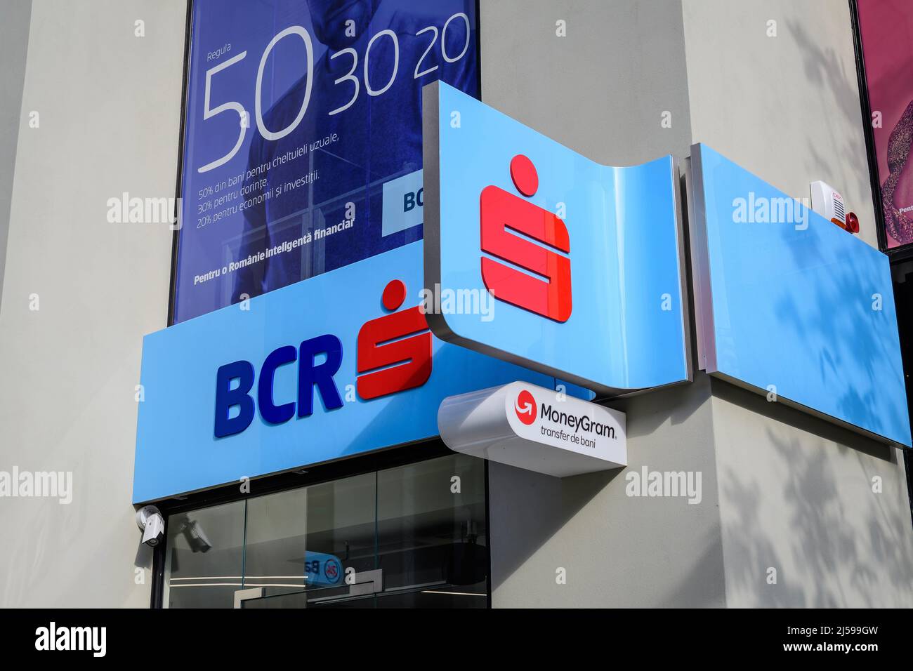 Bucharest, Romania, 6 November 2021: Entry to a BCR Erste Bank branch in the city center in a sunny winter day Stock Photo