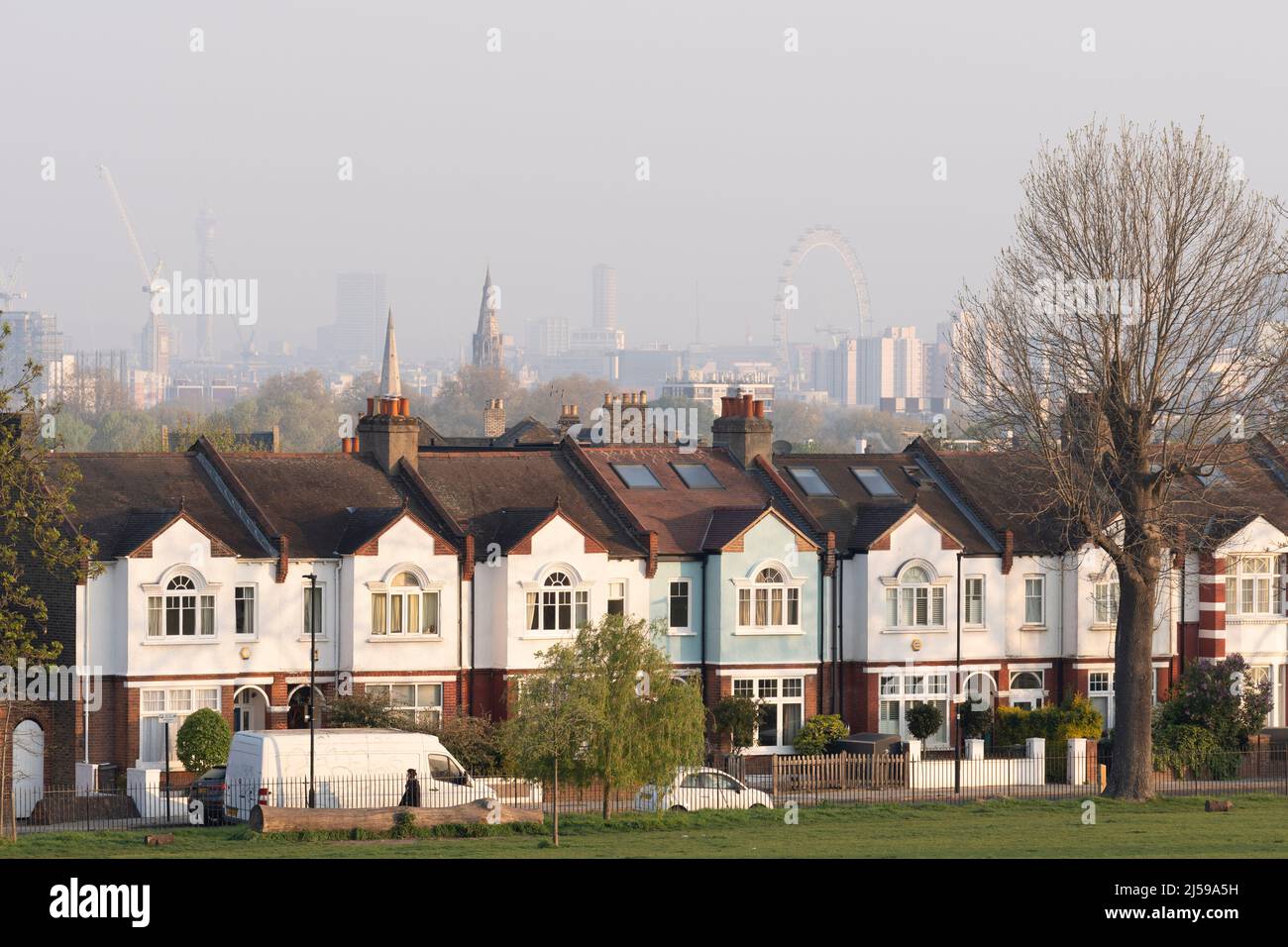 Terraced period homes in Ruskin Park, a south London green space in Lambeth, on 21st April 2022, in London, England. Stock Photo