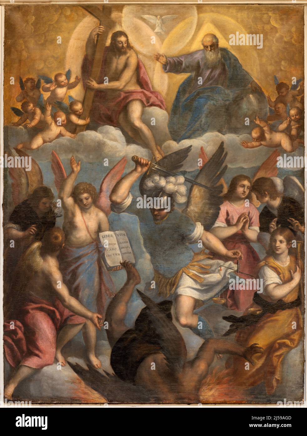 MONOPOLI, ITALY - MARCH 5, 2022: The baroque painting of Archangel Michael in Cathedral - Basilica di Maria Santissima della Madia by Palma il Giovane Stock Photo