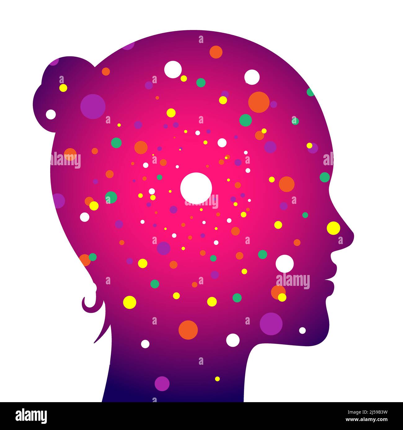 Colorful dot particles in the womans head. Concept scientific vector illustration of the pink woman head, related to brain biology, psychology, and imagination. Stock Vector