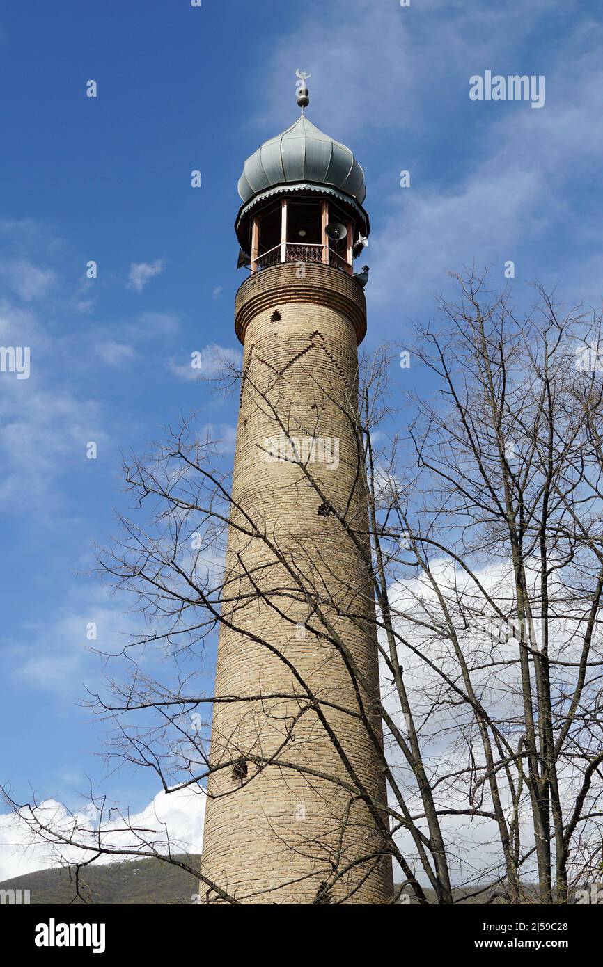 minaret, Juma (Friday) mosque (19th century), Cümə məscidi, Shaki, Şəki, Azerbaijan, Azərbaycan, Asia Stock Photo