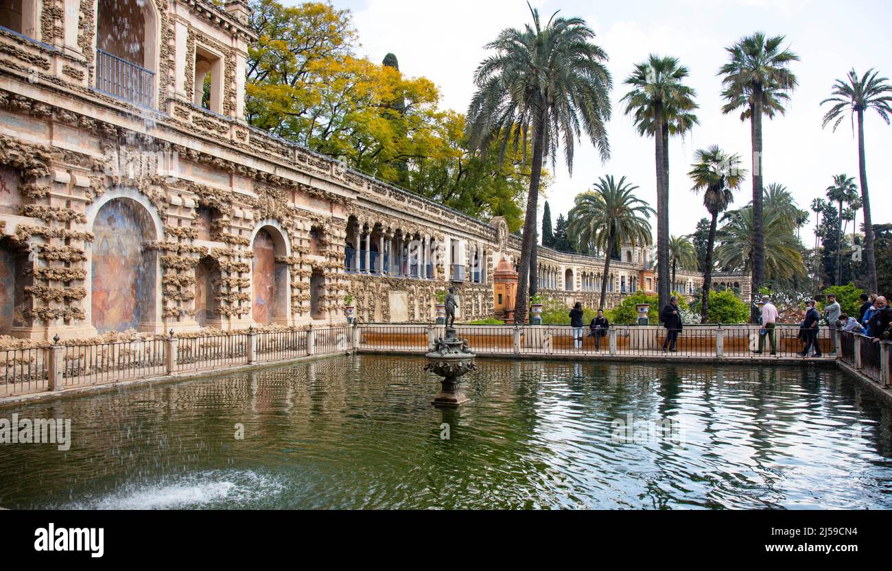 Galeria de Grutesco and the Portal of the Privilege in the gardens at the the Royal Alcázars of Seville, a royal palace in Seville, Spain. April 2022 Stock Photo