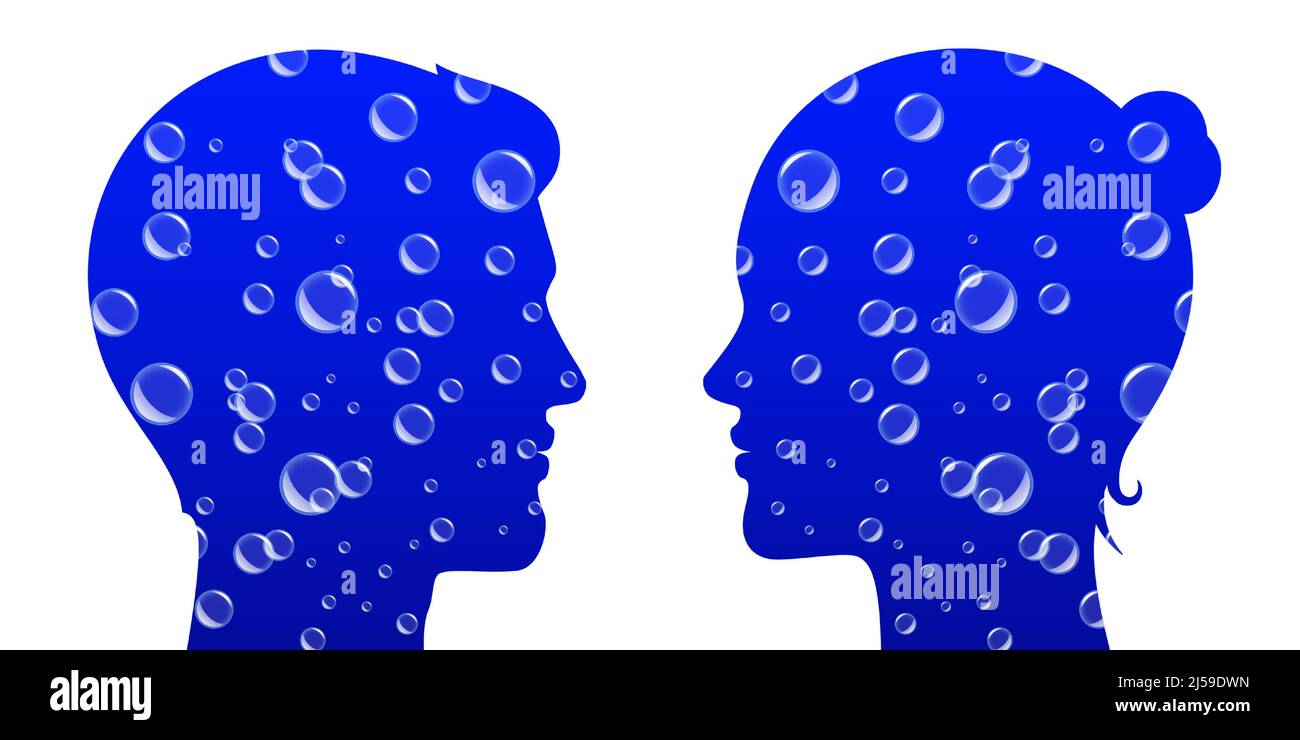 Blue water with air bubbles in male and female heads, silhouette vector illustration, isolated on background. Stock Vector