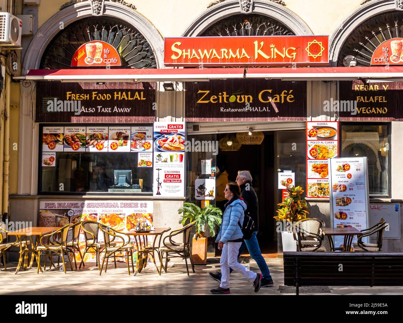 Shawarma King restaurant in central Granada, reyes Catolicos. Andalucia, Spain, Europe. Halal food, falafel, fresh food halal Stock Photo