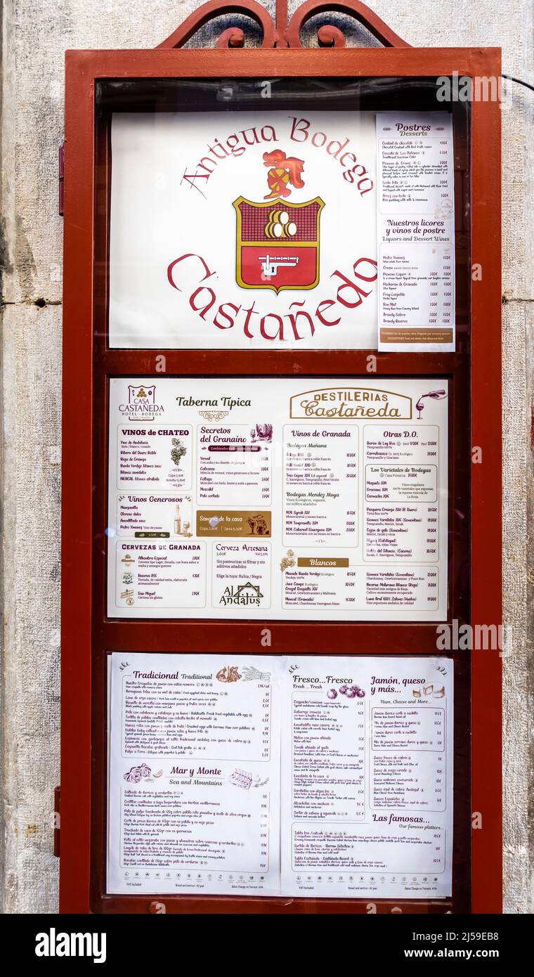 Outdoor menu of Bodegas Castañeda bar. Decorated Andalucian eatery