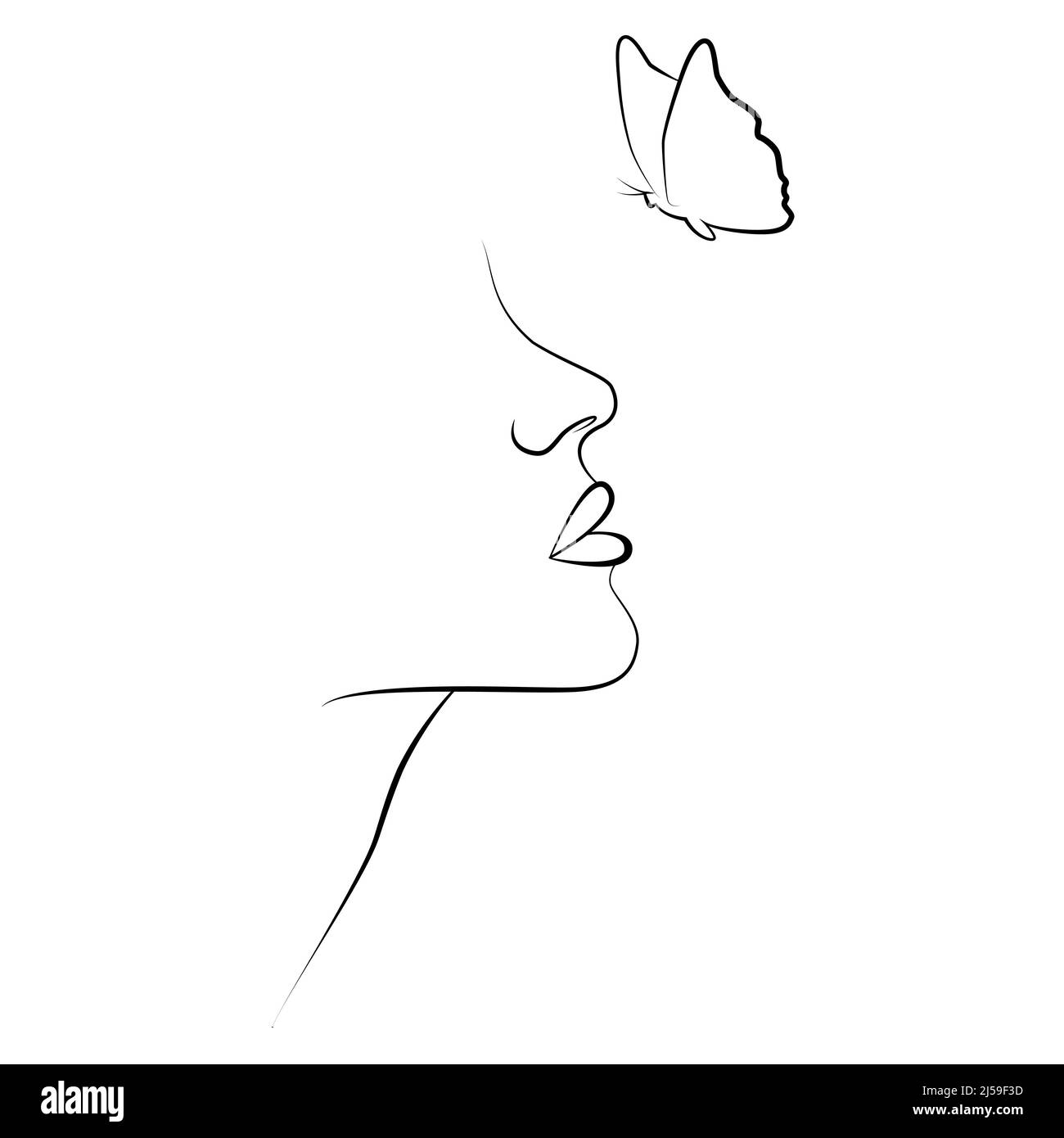 Abstract face with a butterfly. Portrait in a minimalist style. Botanical prints. The modern art of the continuous line. Fashionable print. Stock Vector