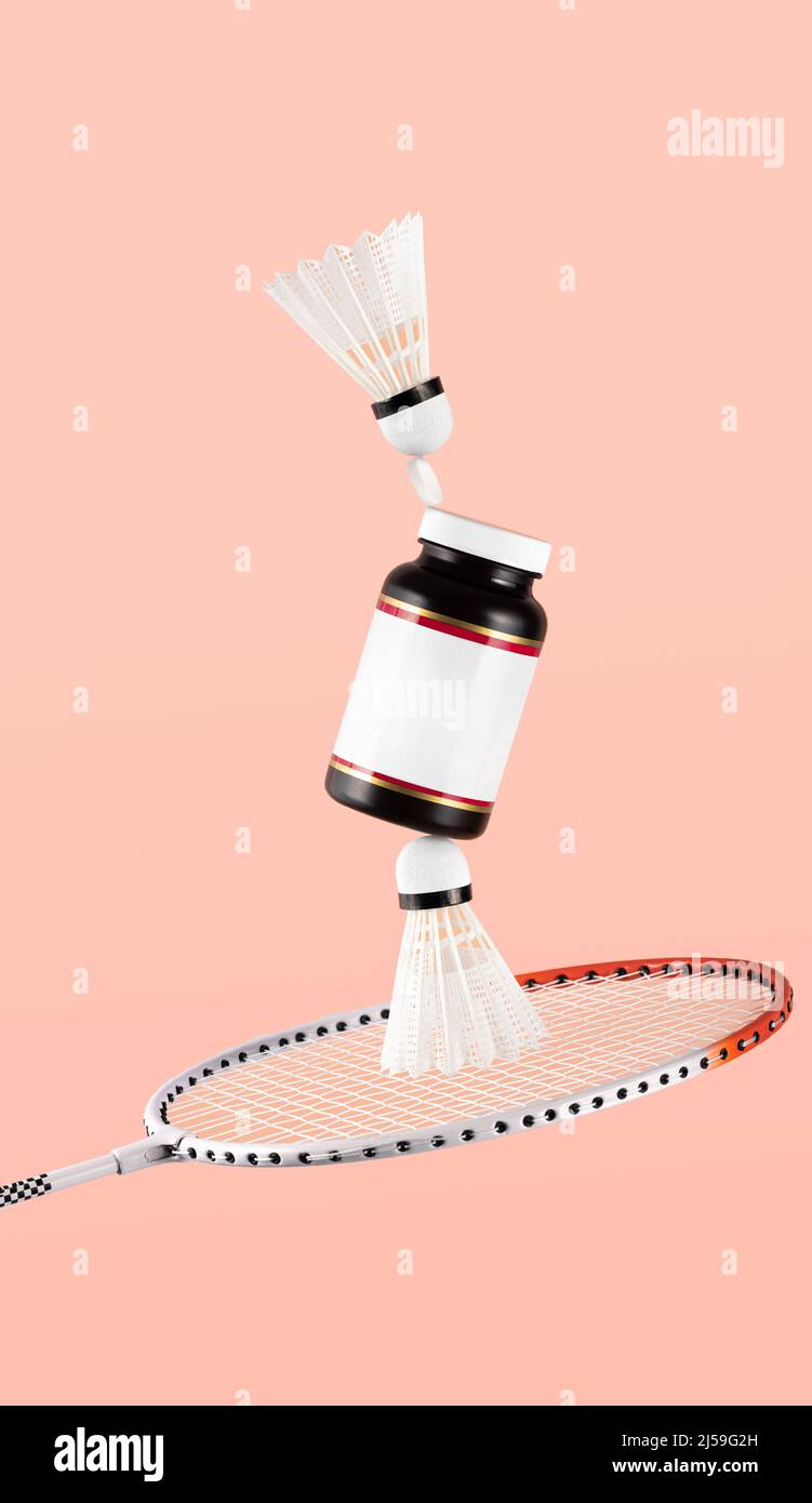 Glass vial of chondroprotector capsules balancing with shuttlecocks on a badminton racket. Healing of joint injuries. Dietary supplements Stock Photo