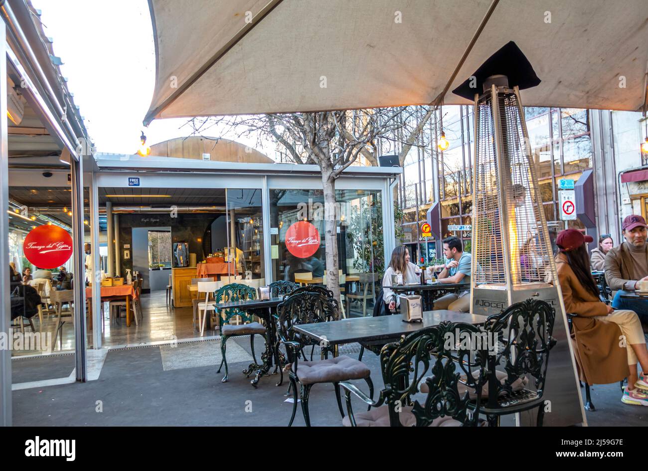 Outdoor terrace of Gran Café de Gijón a culturally imposrtant landmark coffeehouse in Paseo de Recoletos, central Madrid, Spain Stock Photo