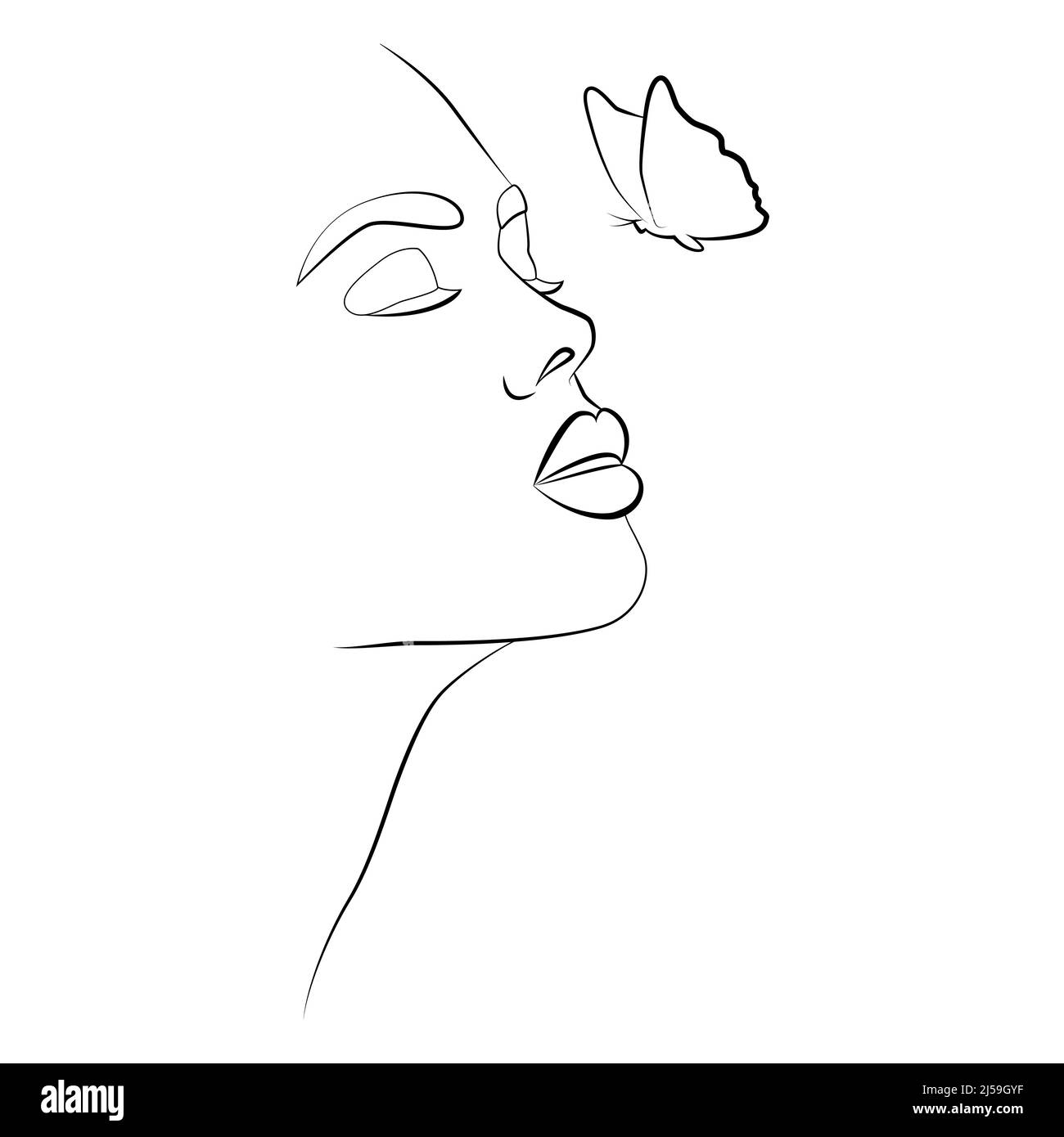 Portrait in one line. A woman's face with a butterfly is abstractly one solid linear portrait. Modern minimalist style illustration for posters, avata Stock Vector