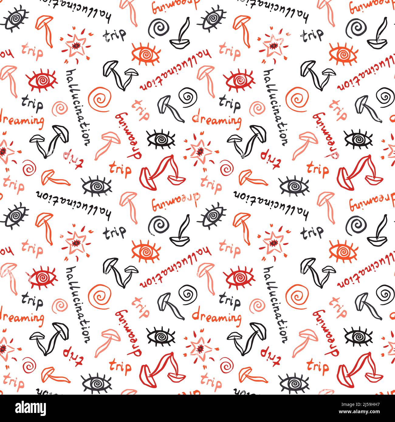 Psycho mushrooms seamless pattern with lettering Stock Vector