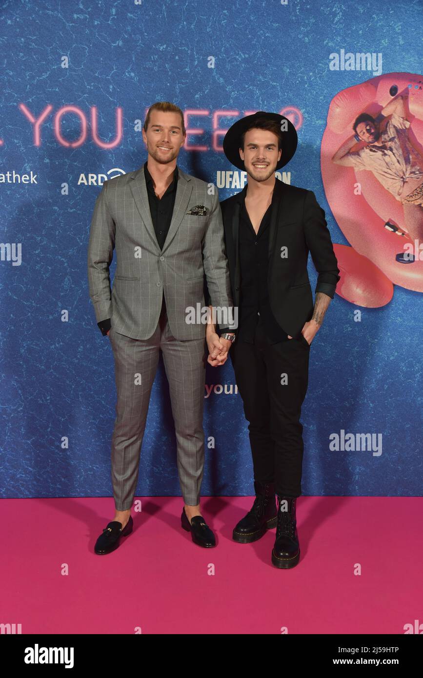 Cologne, Germany. 20th Apr, 2022. Prince Charming Kim Tränka and Maurice  Schmit, l-r, arrive for the premiere of Season 2 of the LGBTQ - series ALL  YOU NEED. The ARD Fiction Dramedy