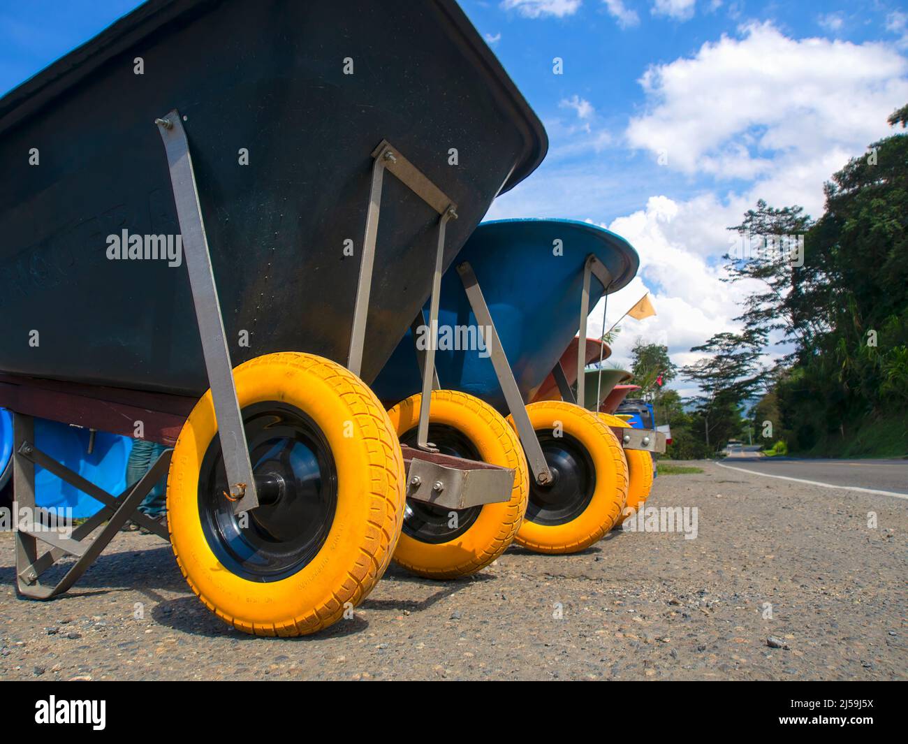 A line of wheelbarrows at the edge of a road. In the yellow tires it