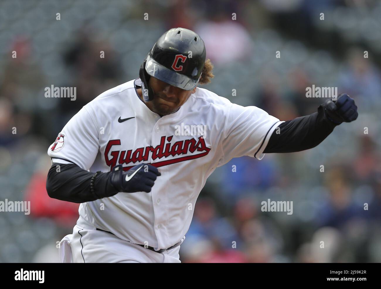 Cleveland, USA. 21st Apr, 2022. Cleveland Guardians Austin Hedges (17)  shakes hands with closer Emmanuel Clase (48) after defeating the Chicago  White Sox at Progressive Field in Cleveland, Ohio on Thursday, April