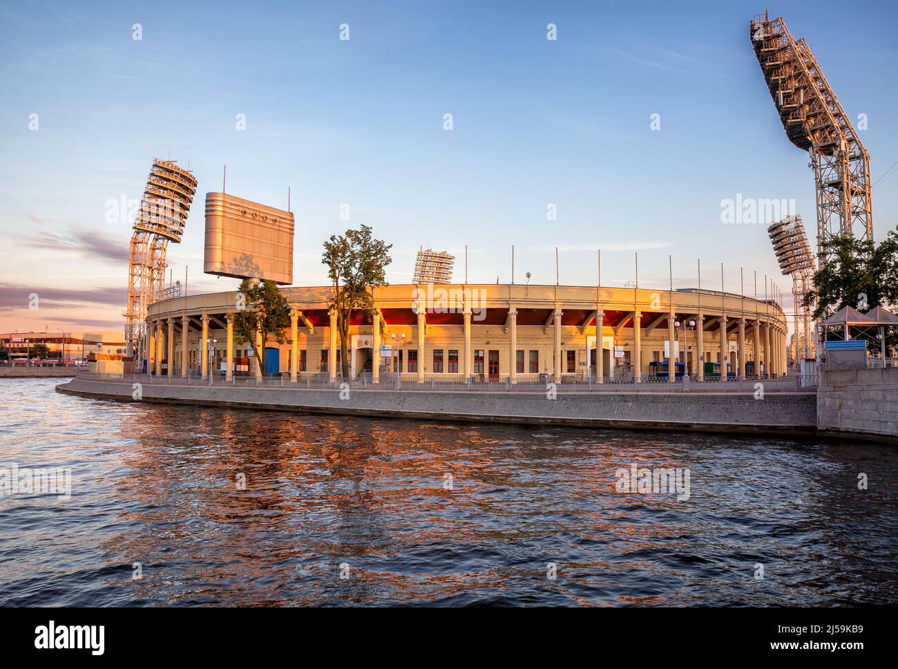St. Petersburg, Russia - July, 2018: Petrovsky stadium on Petrovsky island, view from the Zhdanovka river Stock Photo