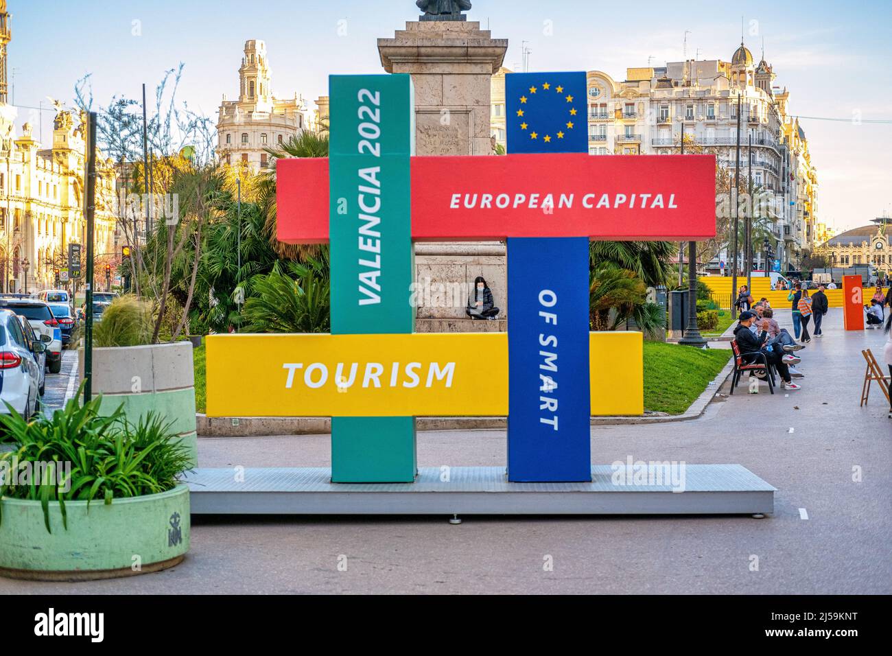 Sign reading 'Valencia 2022 European Capital Of Smart Tourism'. The design object is seen in the old town. This centric area is a famous place and a m Stock Photo