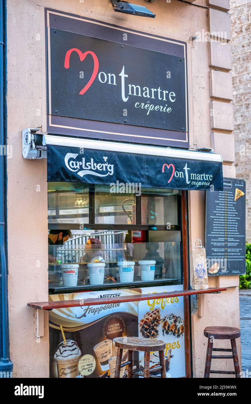 Exterior counter of the Montmartre creperie with no people. This small business is located in the old town. This centric district is a famous place an Stock Photo
