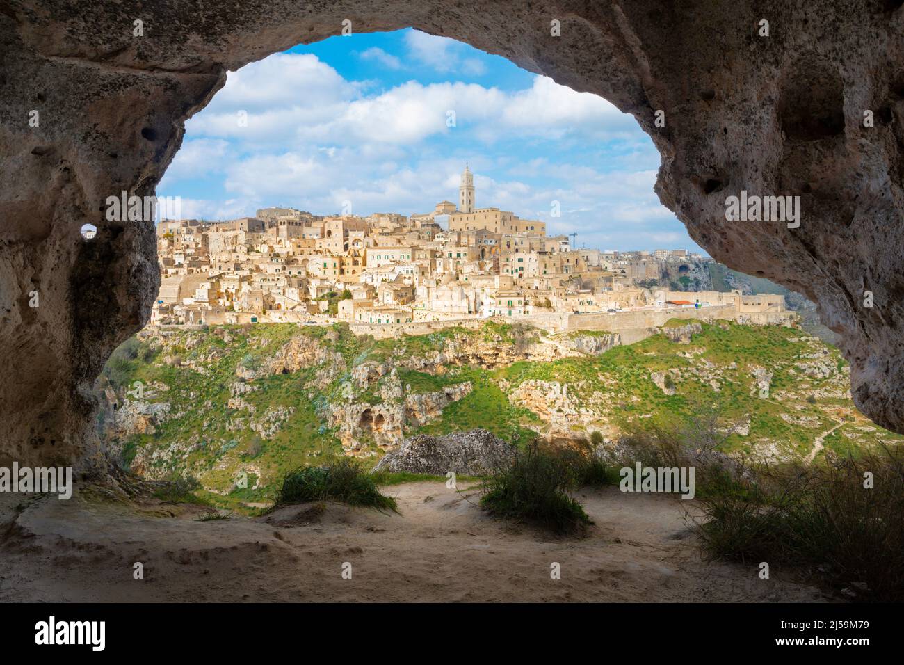 Matera - The cityscape from the little cave and the walley. Stock Photo