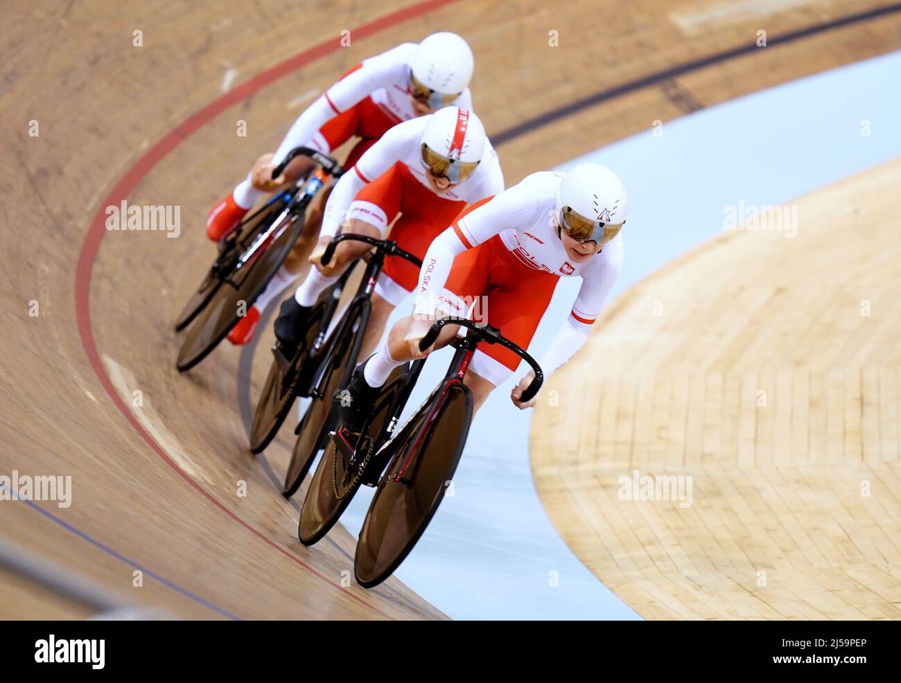 Poland's Marlena Karwacka, Urszula Los and Nikola Sibiak in action as they compete in the Women's Team Sprint Qualifying during day one of the Tissot UCI Track Nations Cup 2022 at the Sir Chris Hoy Velodrome, Glasgow. Picture date: Thursday April 21, 2022. Stock Photo
