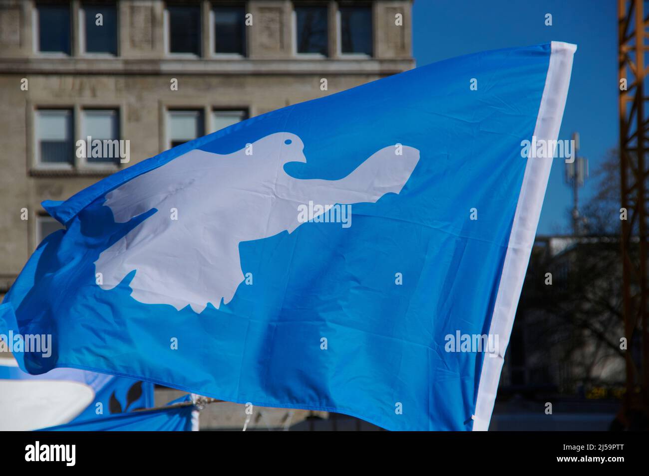Das Symbol der Friedensbewegung: weisse Taube auf blauem Grund. Stock Photo