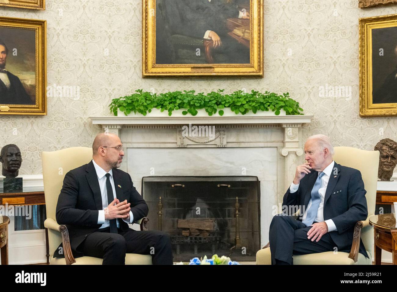 Washington, United States Of America. 21st Apr, 2022. Washington, United States of America. 21 April, 2022. U.S President Joe Biden meets with Ukrainian Prime Minister Denys Shmyhal, left, in the Oval Office of the White House February 21, 2022 in Washington, DC Credit: Adam Schultz/White House Photo/Alamy Live News Stock Photo