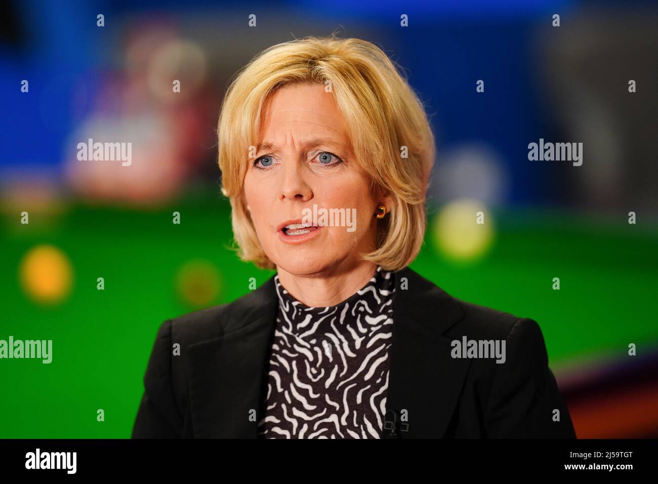 BBC Presenter Hazel Irvine during day six of the Betfred World Snooker Championships at The Crucible, Sheffield
