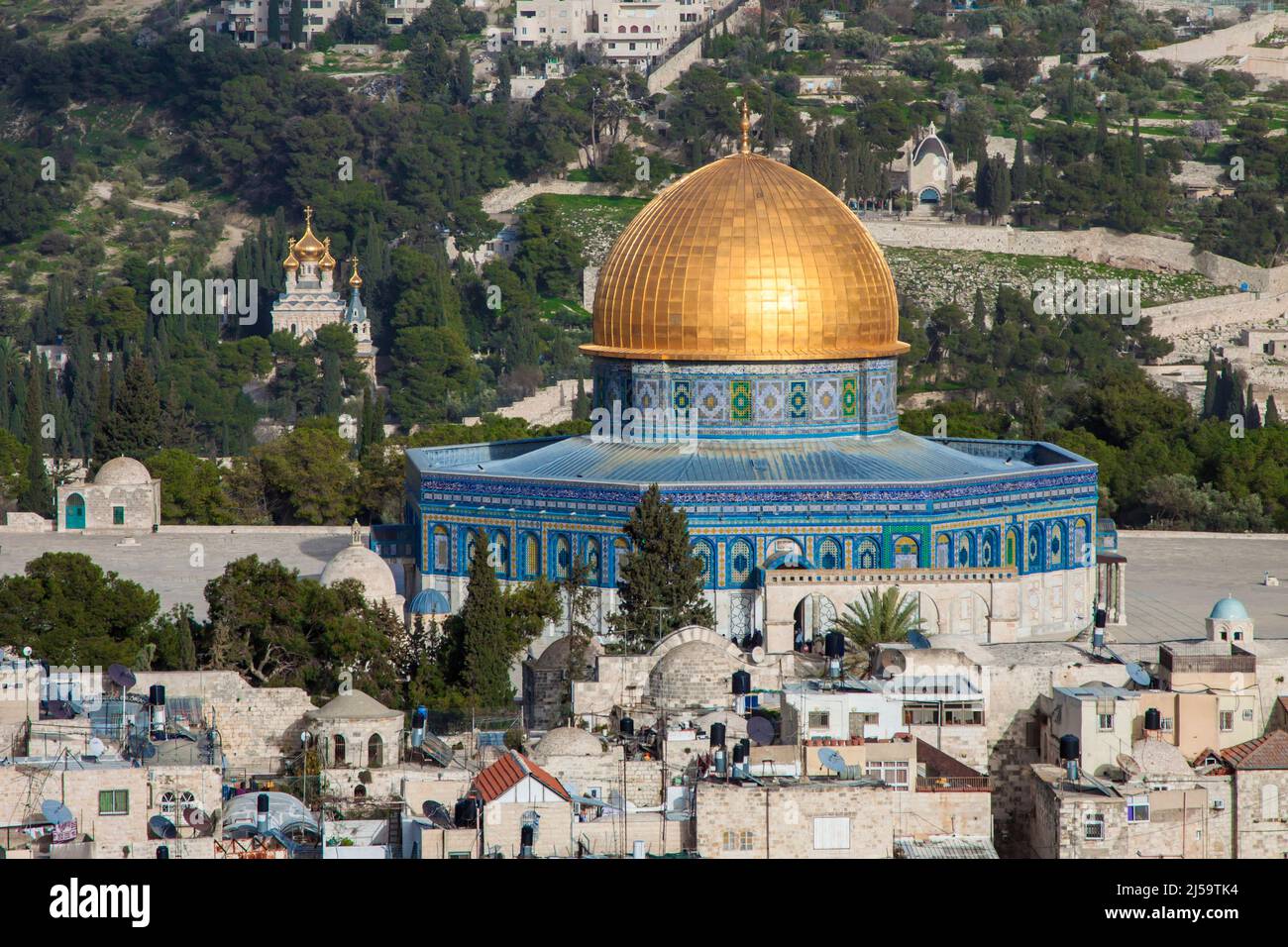 Aerial view of Dome of the Rock on Temple Mount and of Church of Mary Magdalene on Mount of Olives. East Jerusalem, Israel Stock Photo