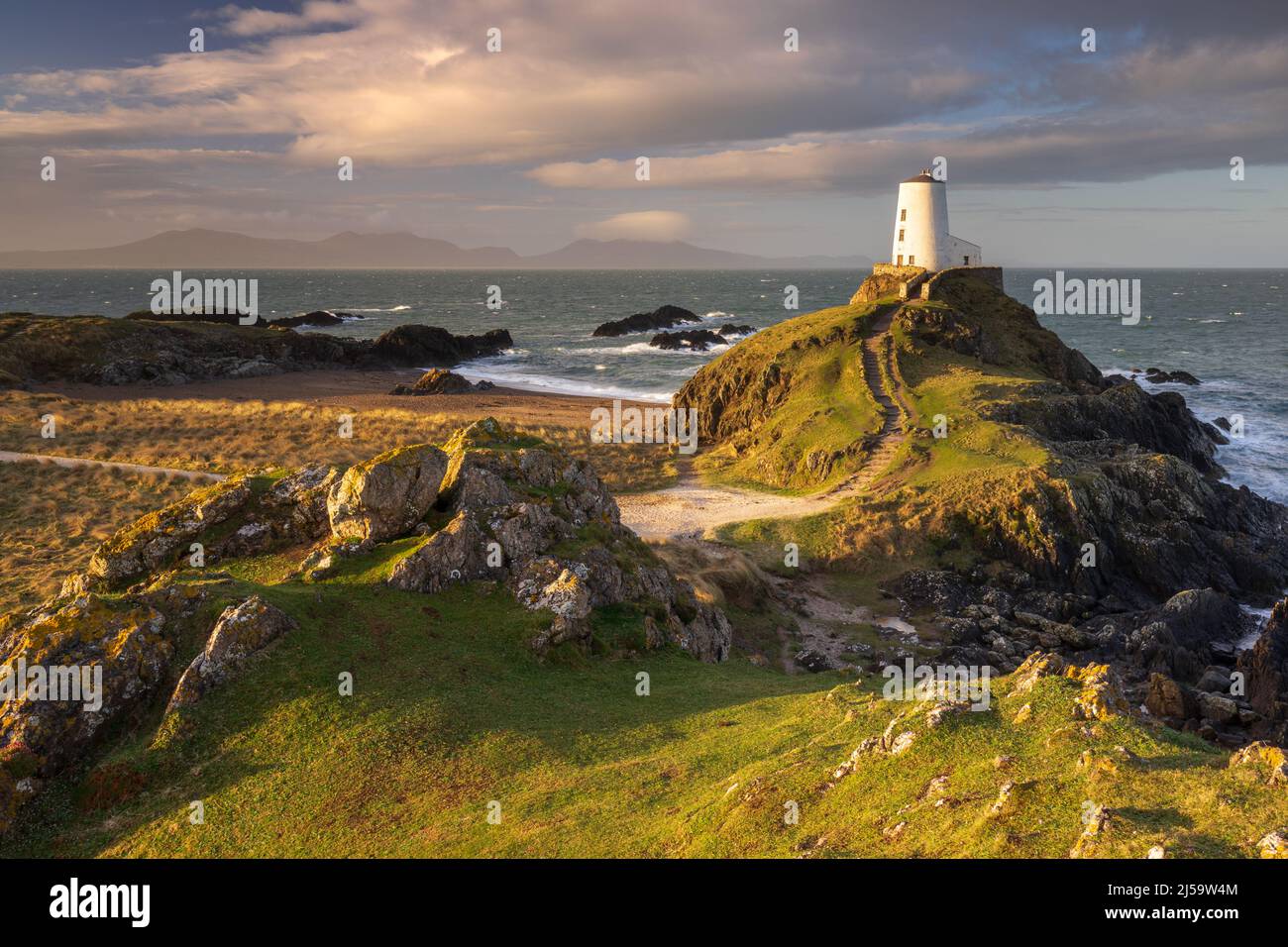 Twr Mawr Lighthouse glows as the first direct light of the rising sun bathes the coastal scene on Ynys Llanddwyn in golden light on a spring morning. Stock Photo