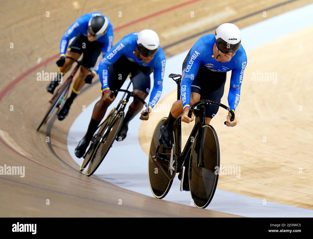 Colombia's Santiago Ramirez, Kevin Quintero and Cristian David Ortega Fontalvo in action as they compete in the Men's Team Sprint Qualifying during day one of the Tissot UCI Track Nations Cup 2022 at the Sir Chris Hoy Velodrome, Glasgow. Picture date: Thursday April 21, 2022. Stock Photo