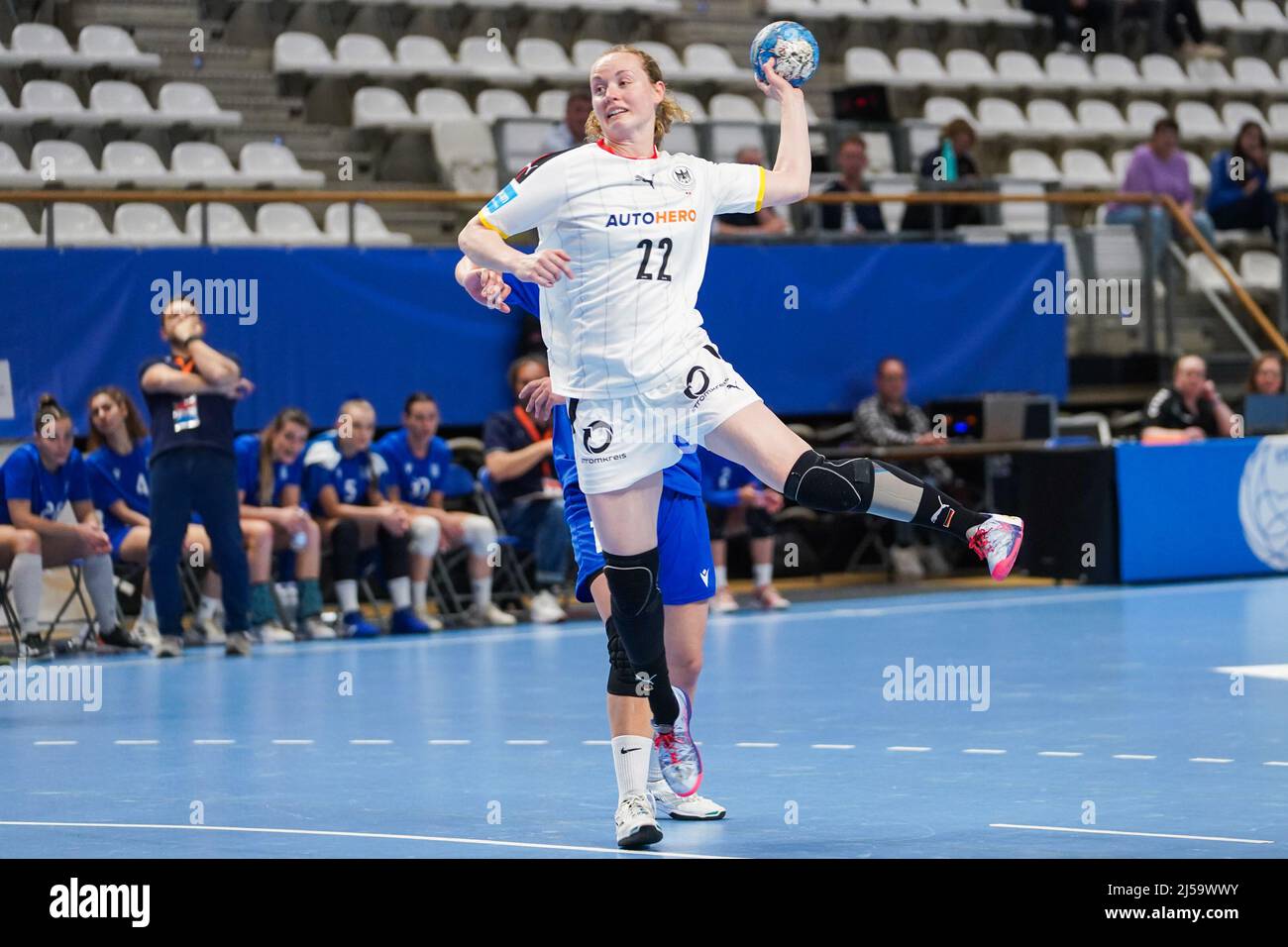 Almere, Netherlands. 21st Apr, 2022. ALMERE, NETHERLANDS - APRIL 21: Christiana Kyriklidou of Greece and Maren Weigel of Germany during the EHF EURO 2022 Qualifiers Phase 2 match between Germany and Greece at the Topsportcentrum Almere on April 21, 2022 in Almere, Netherlands (Photo by Henk Seppen/Orange Pictures) Credit: Orange Pics BV/Alamy Live News Stock Photo