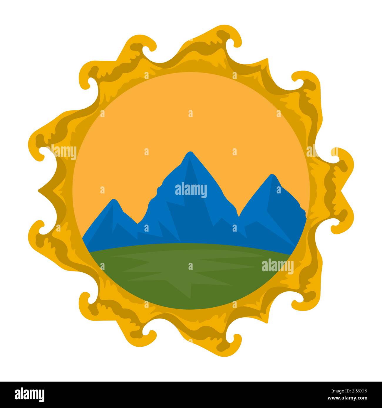 Mountain Logo with Sun. Flat design. Vector Illustration on white background. Stock Vector