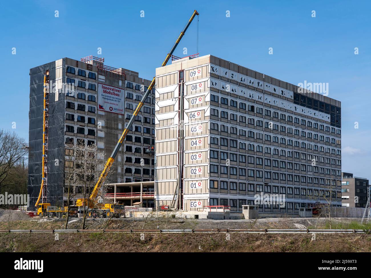Construction site of the Community Campus, here 737 student flats, of 20 square metres each, are being built, completely furnished, in modular constru Stock Photo