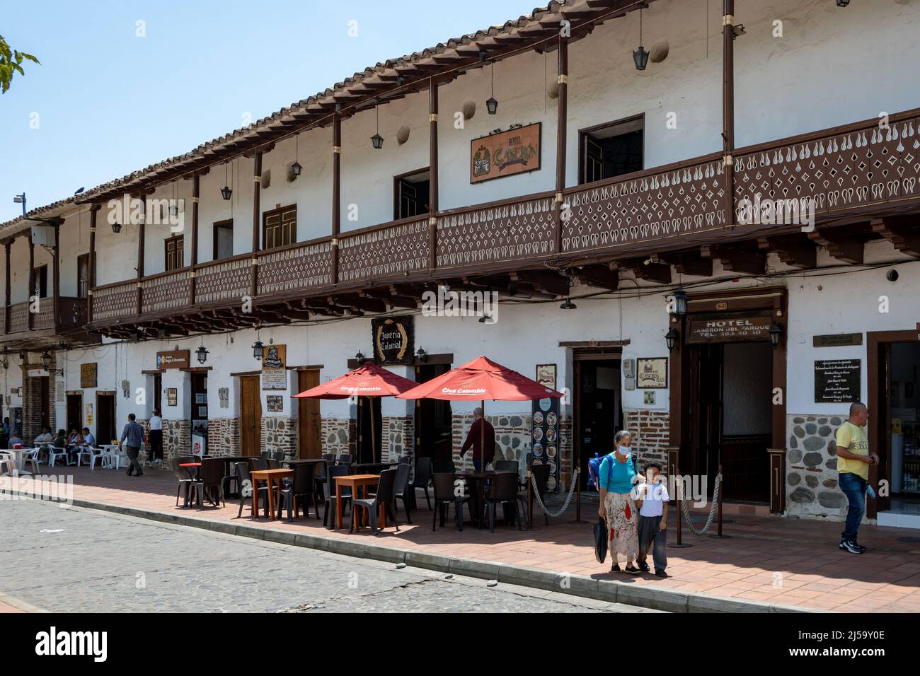 People gather at town center of Santa Fe de Antioquia, Colombia, South America. Stock Photo