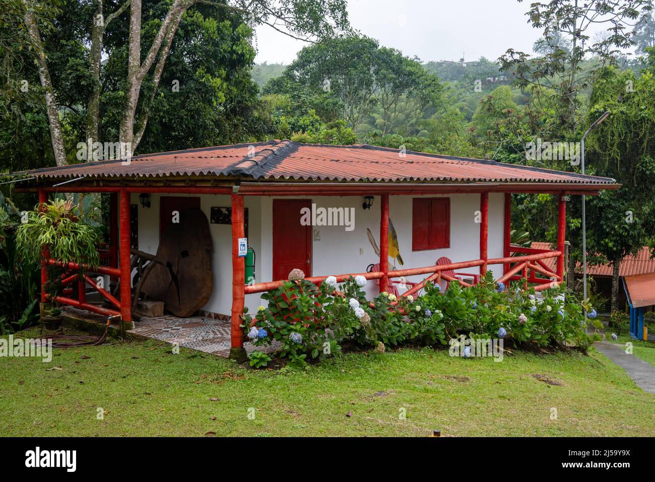 A colorfully painted cabin in an eco-lodge. Colombia, South America. Stock Photo