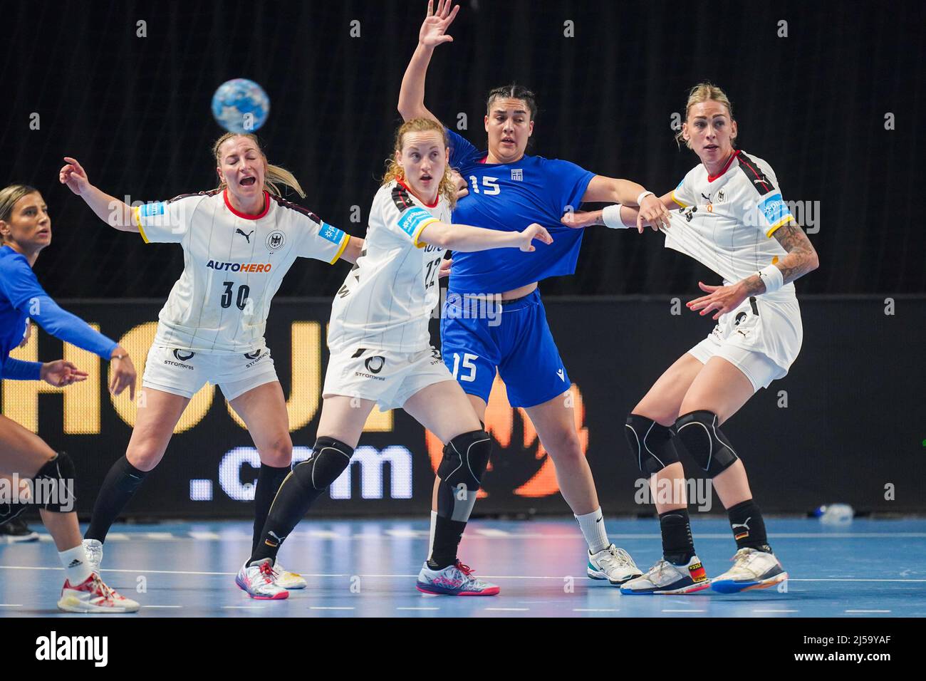 Almere, Netherlands. 21st Apr, 2022. ALMERE, NETHERLANDS - APRIL 21: Jenny  Behrend of Germany, Maren Wiegel of Germany, Christiana Kyriklidou of  Greece and Luisa Schulze of Germany during the EHF EURO 2022
