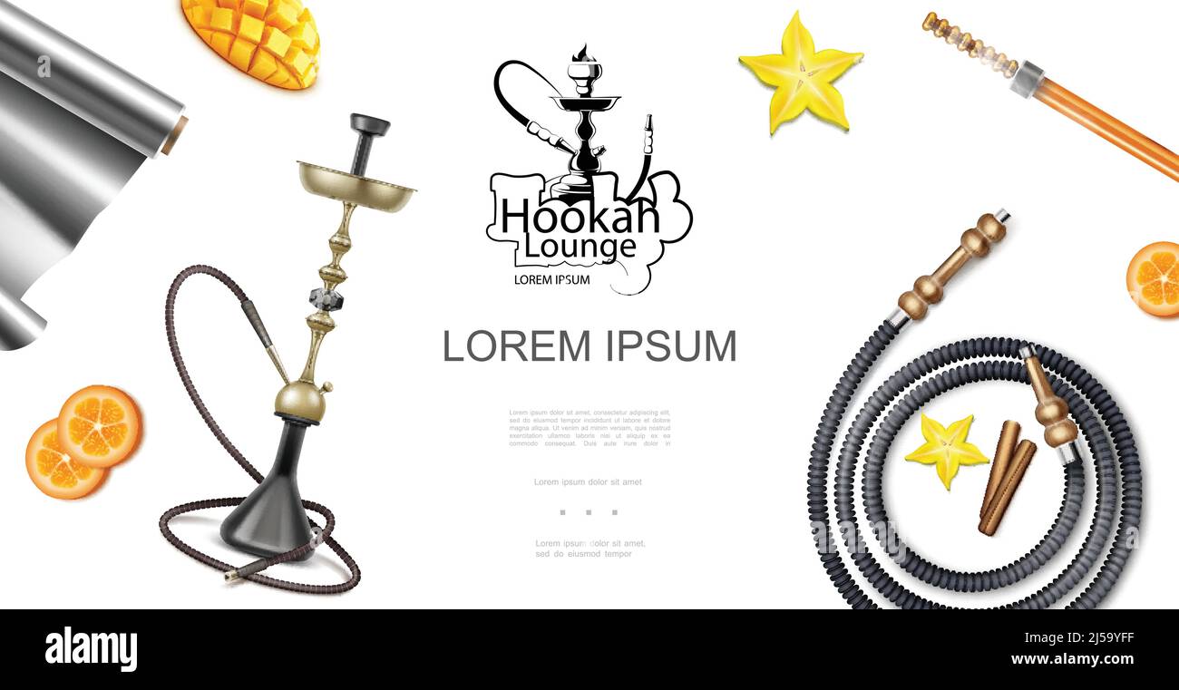 Realistic hookah lounge elements template with shisha or hookah pipes coals foil orange slices