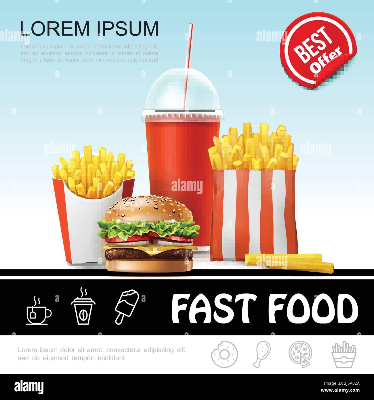 Realistic fast food template with french fries soda in paper cup and ...