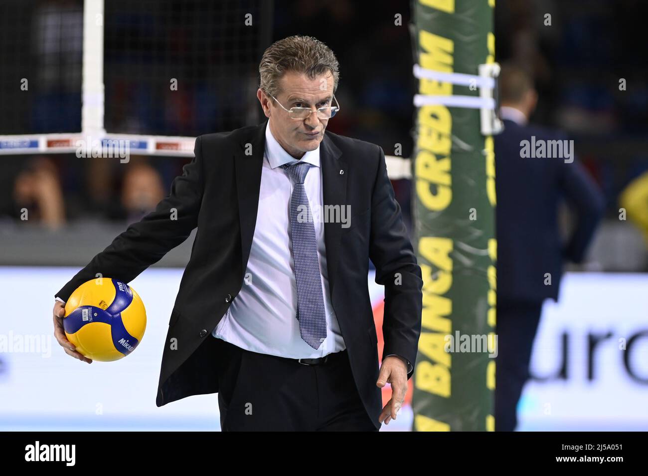 Eurosuole Forum, Civitanova Marche, Italy, April 21, 2022, Angelo Lorenzetti (Coach of Itas Trentino)  during  Play Off - Cucine Lube Civitanova vs Itas Trentino - Volleyball Italian Serie A Men Superleague Championship Stock Photo