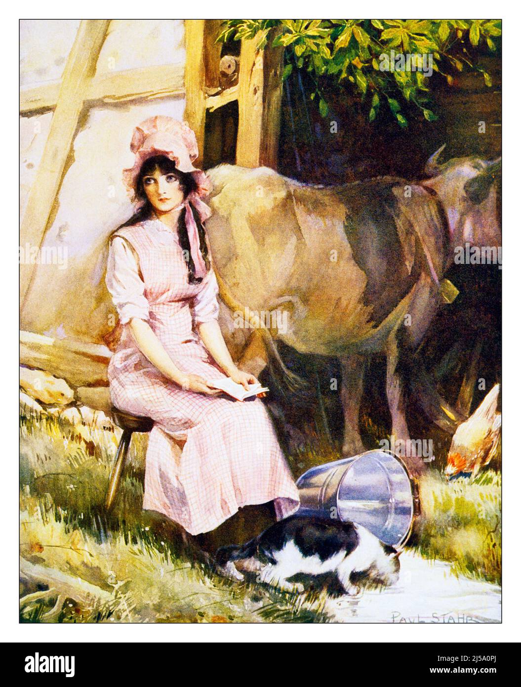 1910s WOMAN MILKMAID READING LETTER FROM ABSENT BEAU COW KICKED OVER PAIL CAT DRINKING THE SPILLED MILK ART BY PAUL STAHR - kf38905 NAW001 HARS BEAUTY DEPRESSION COLOR EXPRESSION OLD TIME NOSTALGIA OLD FASHION 1 FACIAL STYLE COMMUNICATION YOUNG ADULT DRINKS INFORMATION WORRY LIFESTYLE COVER FEMALES MOODY RURAL HOME LIFE DAIRY COPY SPACE FULL-LENGTH LADIES COW PERSONS BOYFRIEND FARMING SPILLED PAUL EXPRESSIONS TROUBLED BONNET AGRICULTURE CONCERNED SADNESS DREAMS TURN OF THE 20TH CENTURY PAIL FARMERS MOOD OCCUPATIONS RIO DAIRY COW 19TH CENTURY CONCEPTUAL GLUM GRANDE STYLISH KICKED LOVELORN Stock Photo