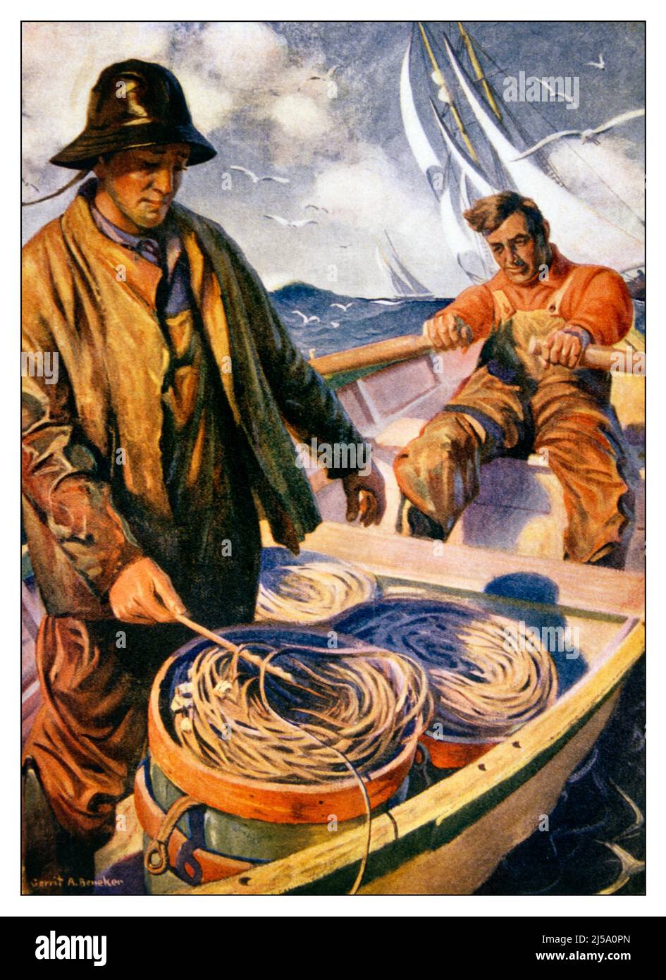 1920s TWO LONGLINE FISHERMEN ONE FEEDING OUT BAITED LINE OTHER ROWING BOAT COVER ART FOR LITERARY DIGEST BY GERRIT A. BENEKER - kf38907 NAW001 HARS FEEDING STYLE WET ROWING CAREER POLE BALANCE SAFETY TEAMWORK COMPETITION COMMERCIAL LIFESTYLE OCEAN COVER JOBS FISHERMAN COPY SPACE FULL-LENGTH HALF-LENGTH PHYSICAL FITNESS PERSONS DANGER MALES RISK PROFESSION HOOK CONFIDENCE CATCHING SKILL OCCUPATION SKILLS STRENGTH COURAGE CAREERS POWERFUL LABOR PRIDE REEL AT BY EMPLOYMENT OARS OCCUPATIONS CONCEPTUAL DIGEST ATTACHED ANGLING INFRASTRUCTURE EMPLOYEE CAPE ANN LITERARY OILSKIN TECHNIQUE WILDLIFE Stock Photo
