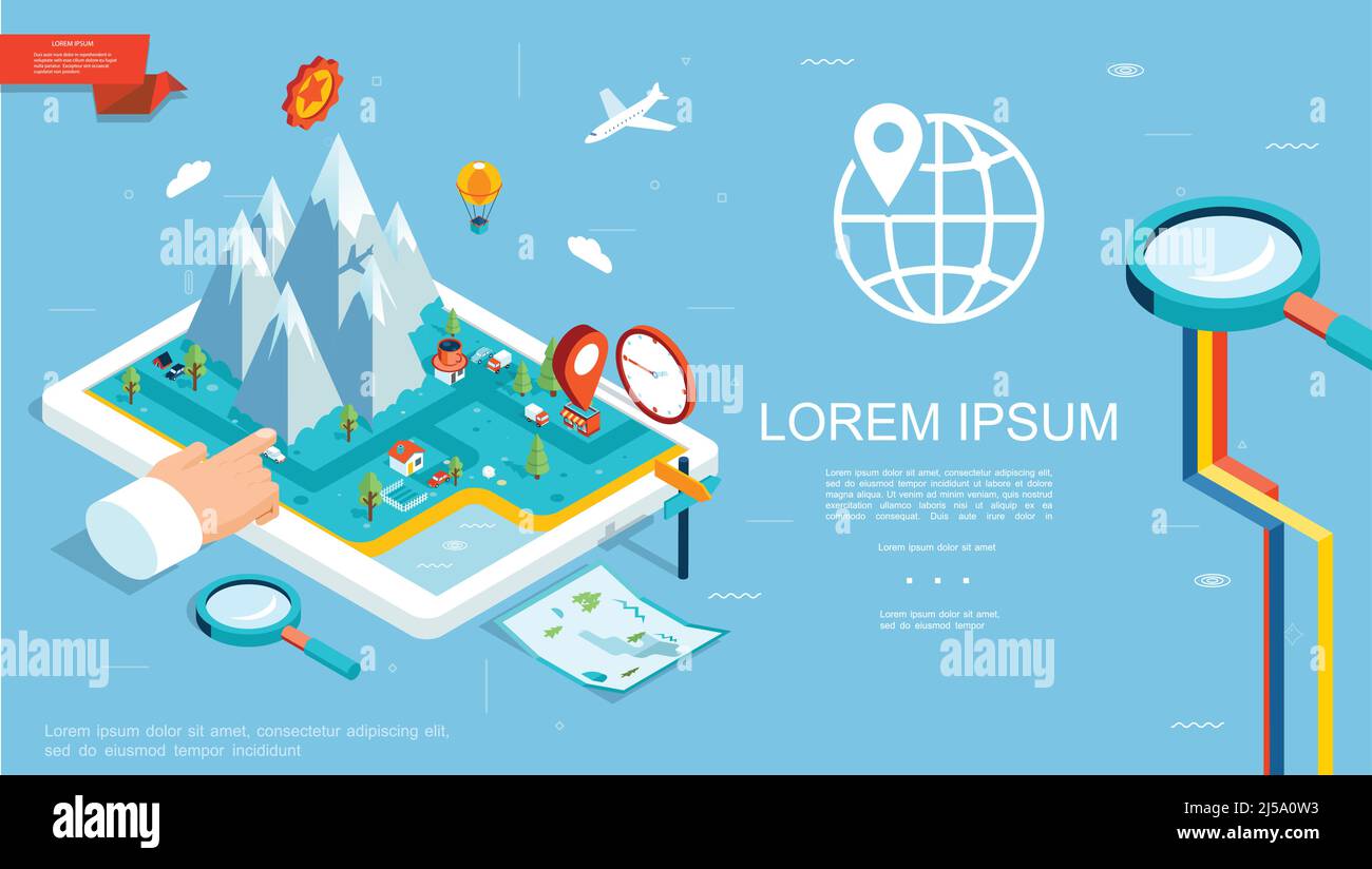 Isometric gps navigation template with mountains route map pointer on ...