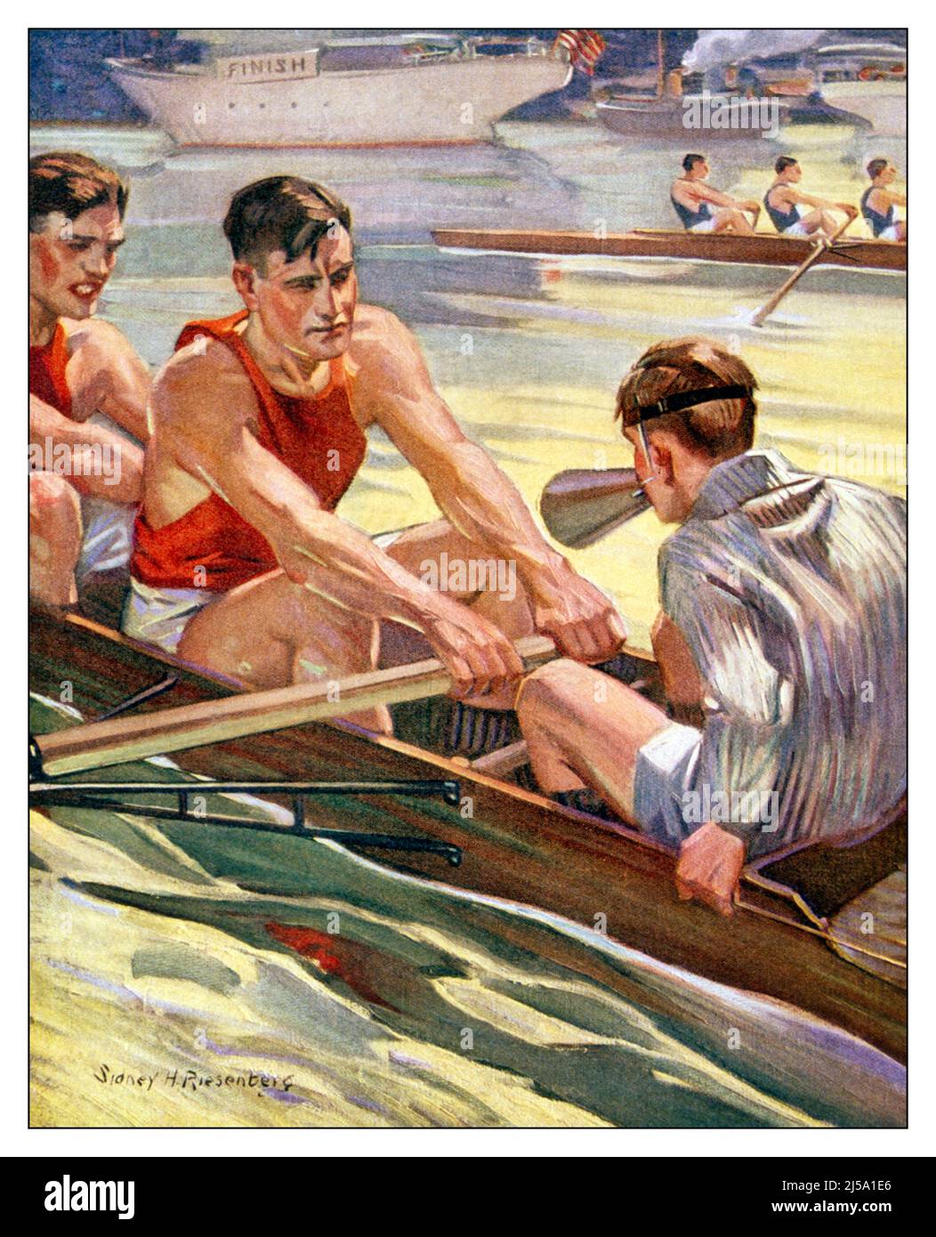 1920s RACE ROWING SCULLING ROWERS AT OARS & COXSWAIN STEERING & SHOUTING MOTIVATION TO CREW COVER LITERARY DIGEST BY RIESENBERG - ks38504 NAW001 HARS ROWING HEALTHY YOUNG ADULT BALANCE CREW TEAMWORK COMPETITION ATHLETE LIFESTYLE COVER SPEED SATISFACTION HEALTHINESS COPY SPACE FULL-LENGTH HALF-LENGTH PHYSICAL FITNESS PERSONS MALES TEENAGE BOY ATHLETIC TRANSPORTATION GOALS ACTIVITY PHYSICAL HIGH ANGLE ADVENTURE STRENGTH SCULLING UNIVERSITIES EXCITEMENT RECREATION PRIDE OARS HIGHER EDUCATION CONCEPTUAL DIGEST FLEXIBILITY MUSCLES OAR ROWER ROWERS COLLEGES MOTIVATION COOPERATION LITERARY SCULL Stock Photo