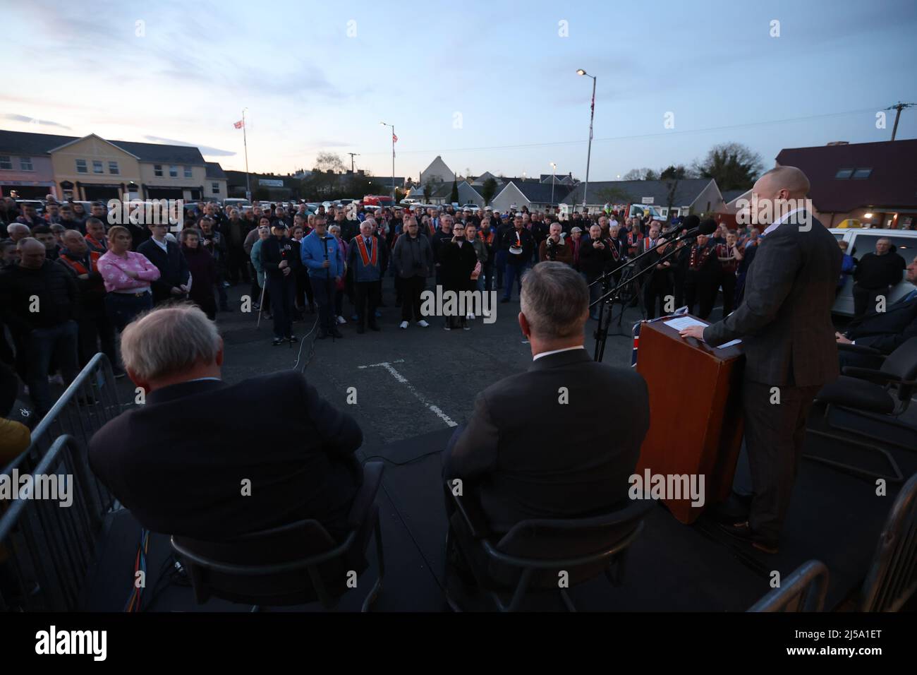 Loyalist blogger Jamie Bryson speaking during a rally in opposition to the Northern Ireland Protocol, organised by West Tyrone United Unionists, in Castlederg, Co Tyrone. Picture date: Thursday April 21, 2022. Stock Photo
