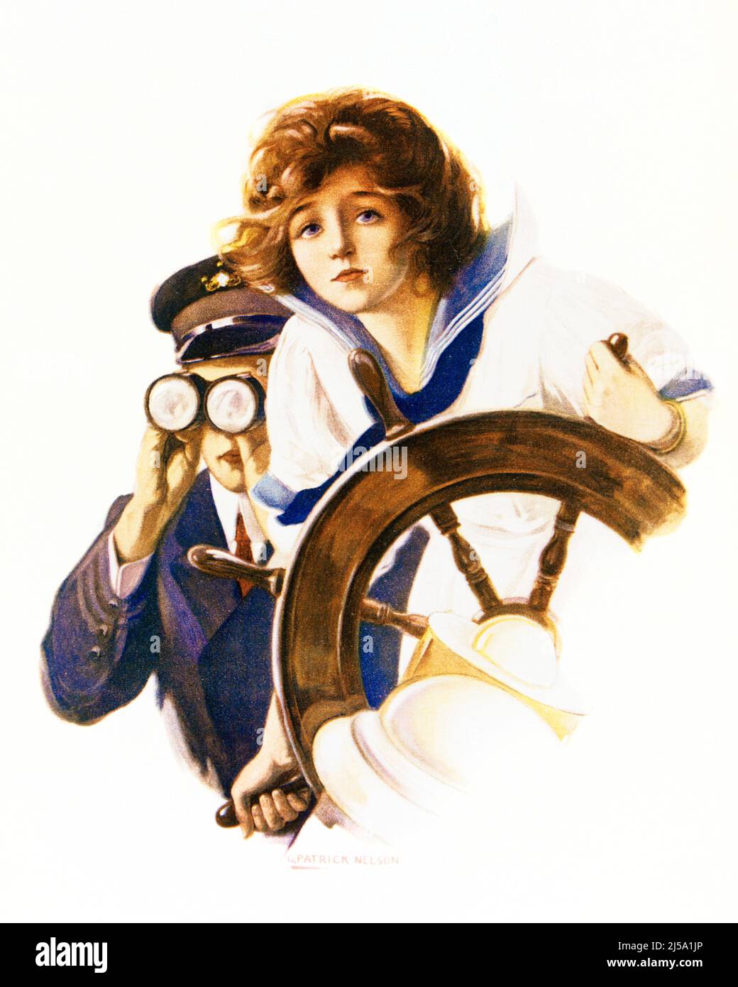 1910s YOUNG WOMAN WEARING NAUTICAL COLLAR BLOUSE AT HELM OF YACHT WITH MAN IN UNIFORM BEHIND LOOKING AHEAD WITH BINOCULARS - ky2886 NAW001 HARS AROUND PAIR SEA COLLAR COLOR HER BINOCULARS OLD TIME NOSTALGIA PEEKING OLD FASHION 1 JUVENILE STYLE SAILING YOUNG ADULT WEALTHY VACATION RICH YACHT LIFESTYLE OCEAN COVER SAILOR FEMALES BOATS COPY SPACE LADIES DAUGHTERS PERSONS MALES SAIL NAUTICAL SAILBOAT TRANSPORTATION FATHERS TIME OFF HEAD AND SHOULDERS CANVAS HELM TURN OF THE 20TH CENTURY TRIP GETAWAY DADS SUNDAY MAGAZINE AUBURN HAIR BLOUSE HOLIDAYS UPSCALE CONCEPTUAL ILLUSTRATOR AFFLUENT SHIP'S Stock Photo