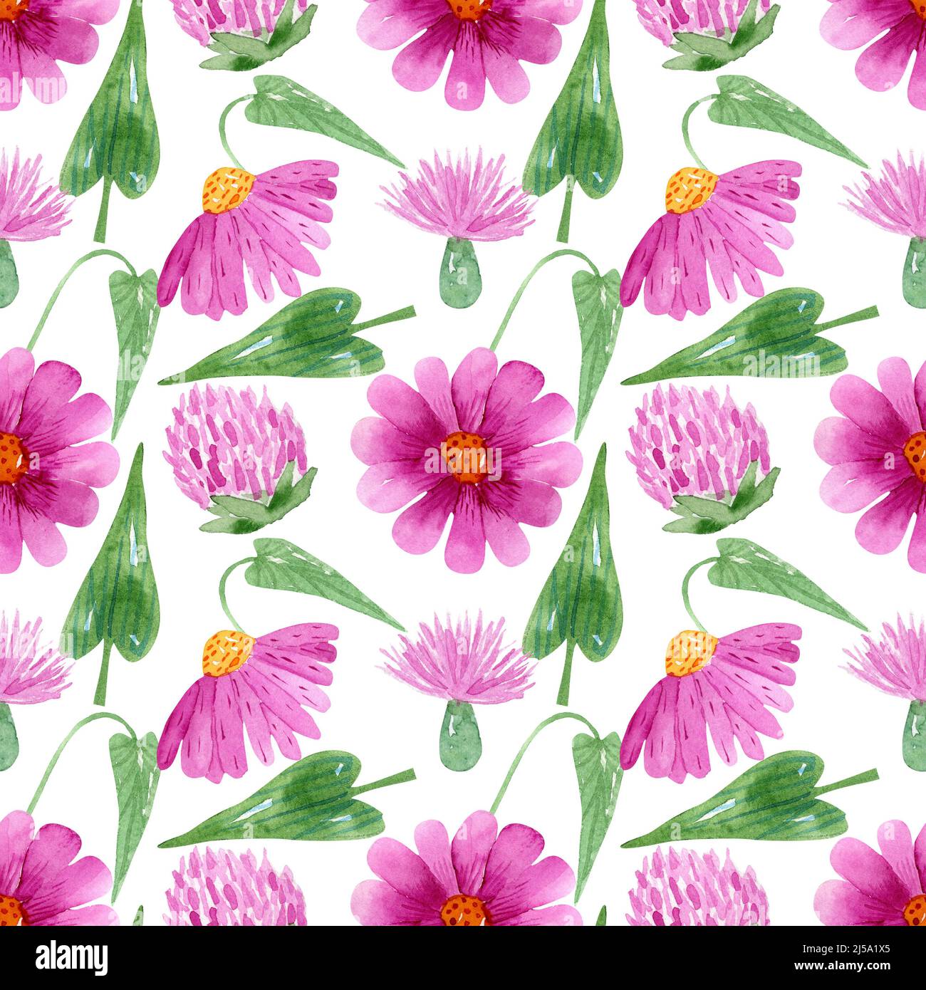 Pink flowers with green leaves seamless pattern in watercolor technic ...