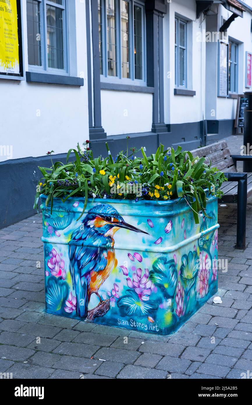 Painting of a kingfisher by Sian Storey Art on a planter in Basingstoke town centre April 2022. Part of Streets Alive celebrating local artists. UK Stock Photo